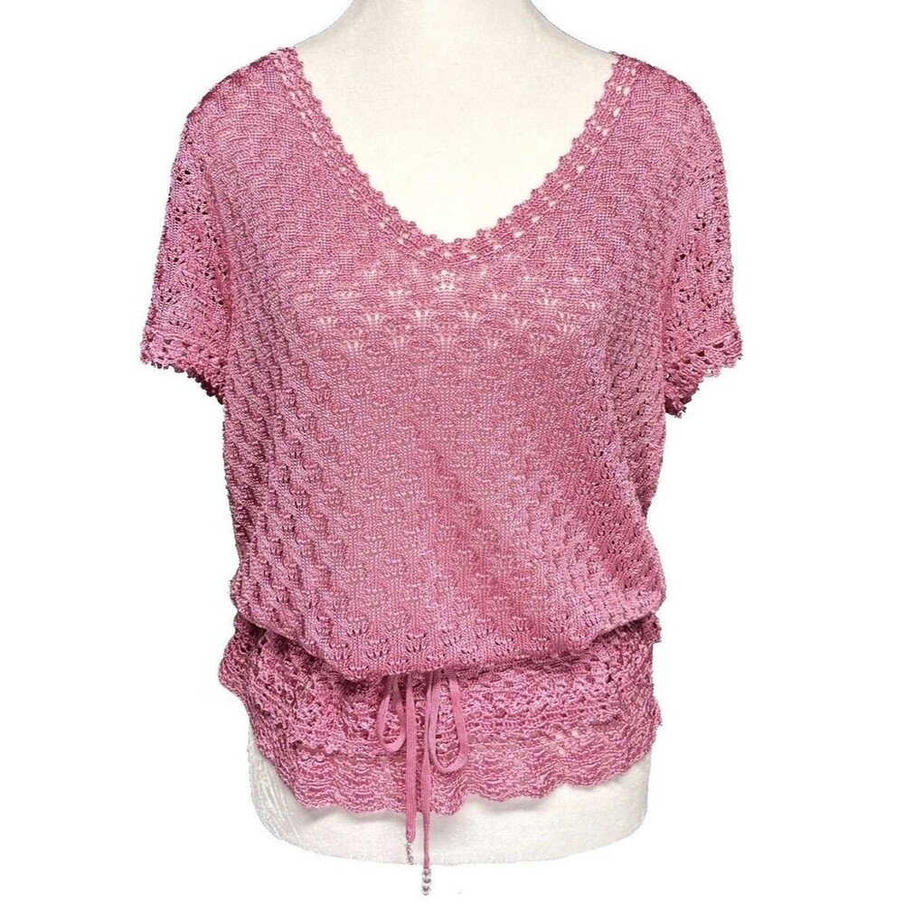 Vintage Emma James Pink Crochet V-Neck Beaded Tie Waist Top Coquette Twee Cute L